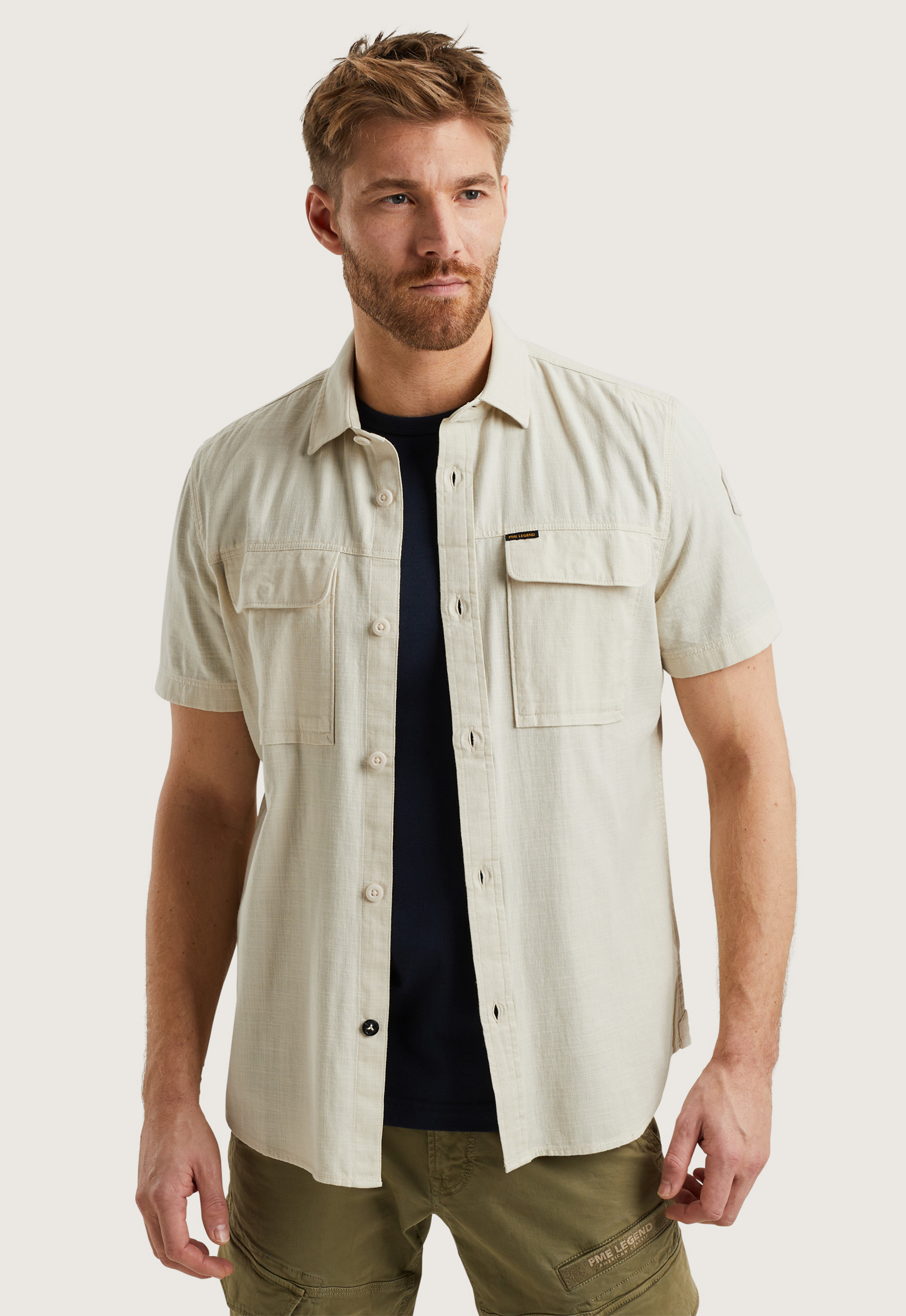PME LEGEND Heren Overhemden Short Sleeve Shirt Slub Cotton Donkergroen