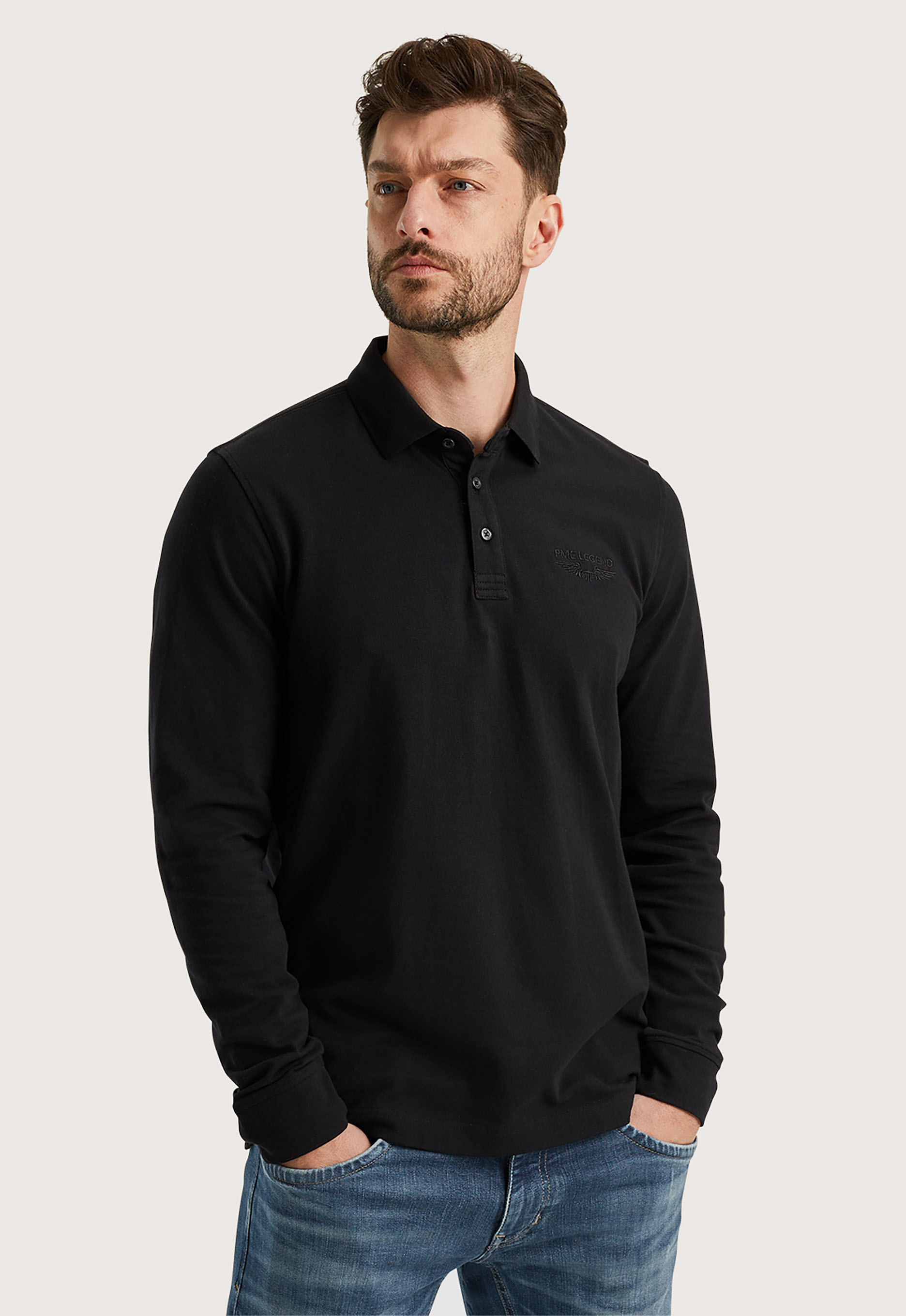 PME Legend Lange Mouw Polo Peached Pique Black Heren