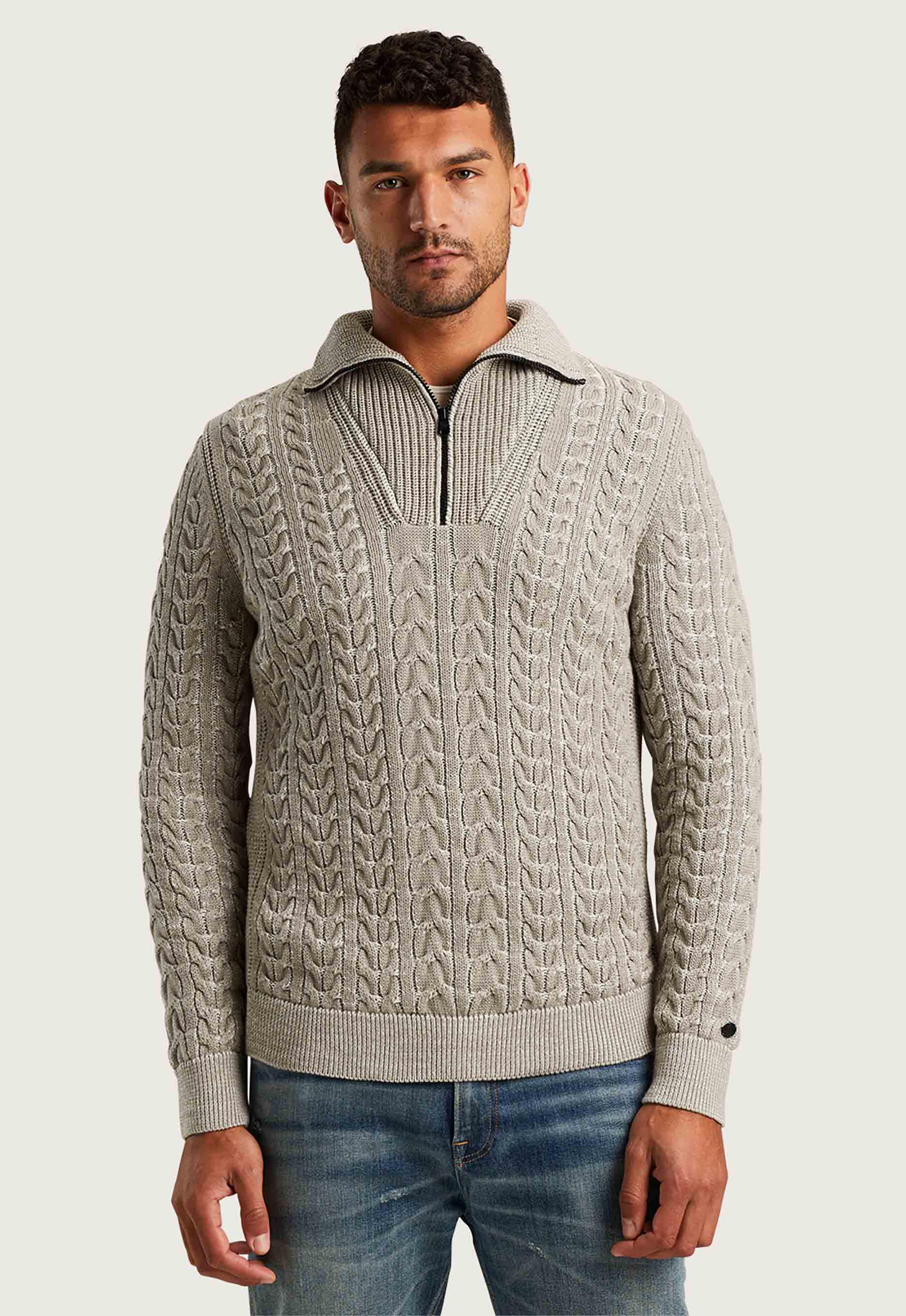 Cast Iron Half Zip Pullover Katoen Geplateerd Beige Heren