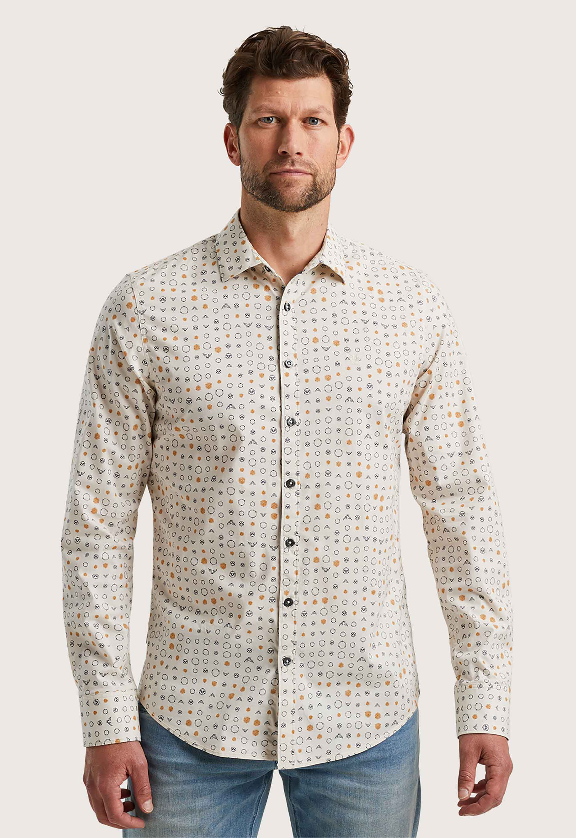 PME Legend Gedrukte Poplin Overhemd Lange Mouw Beige Heren