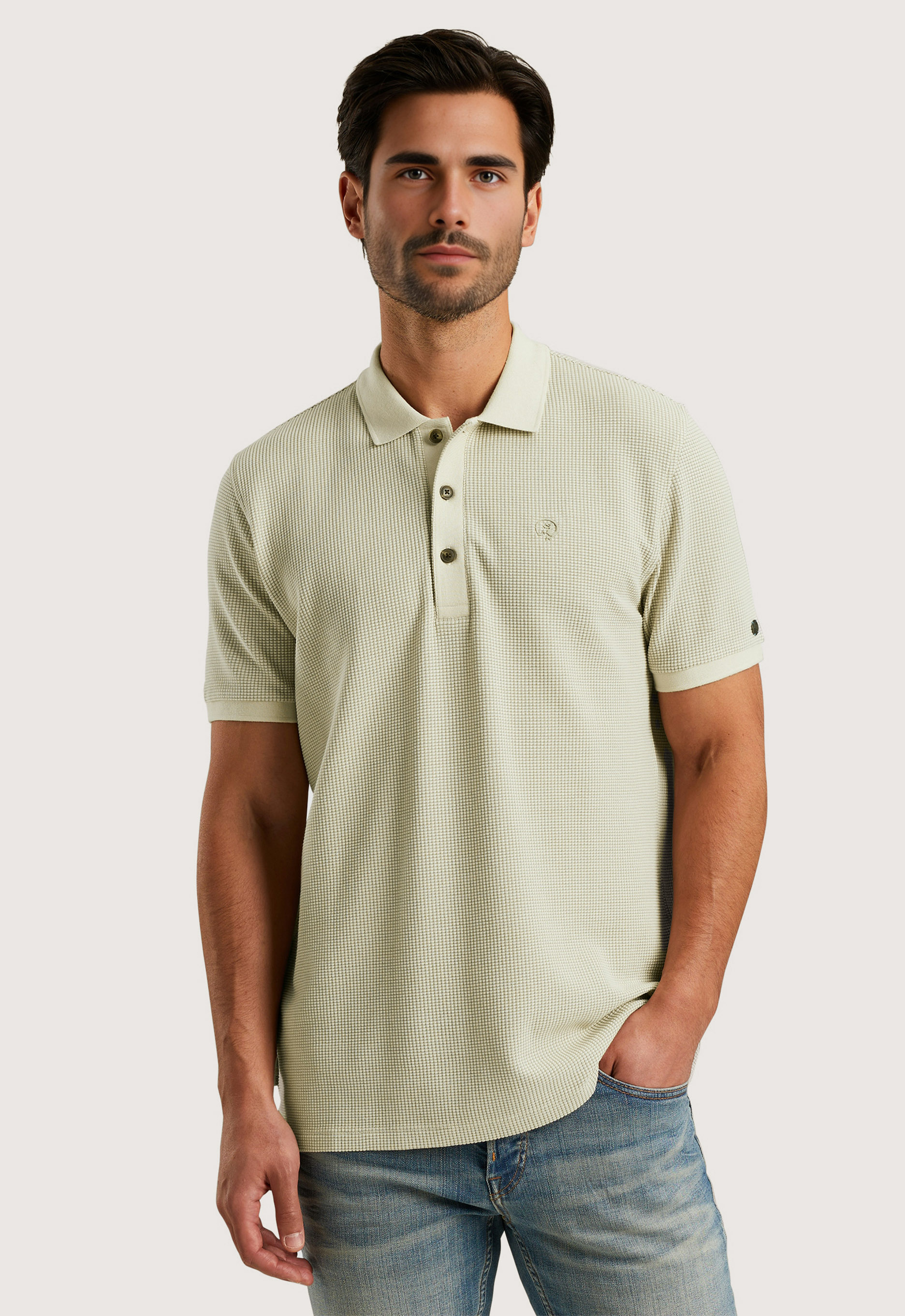 Cast Iron regular polo met ingebreid patroon grijs