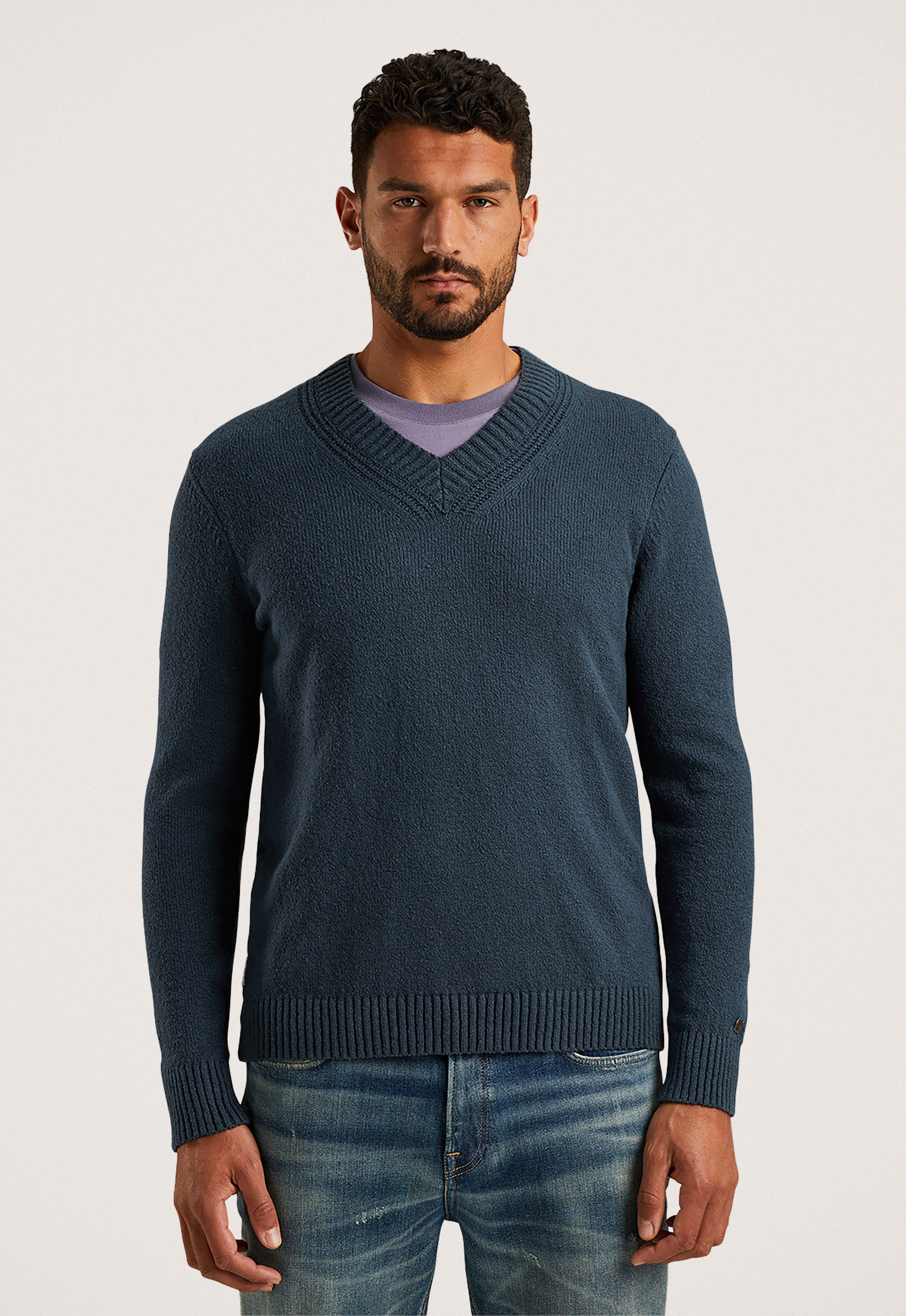 Cast Iron Boucle Cotton V-Neck Pullover Blue Heren