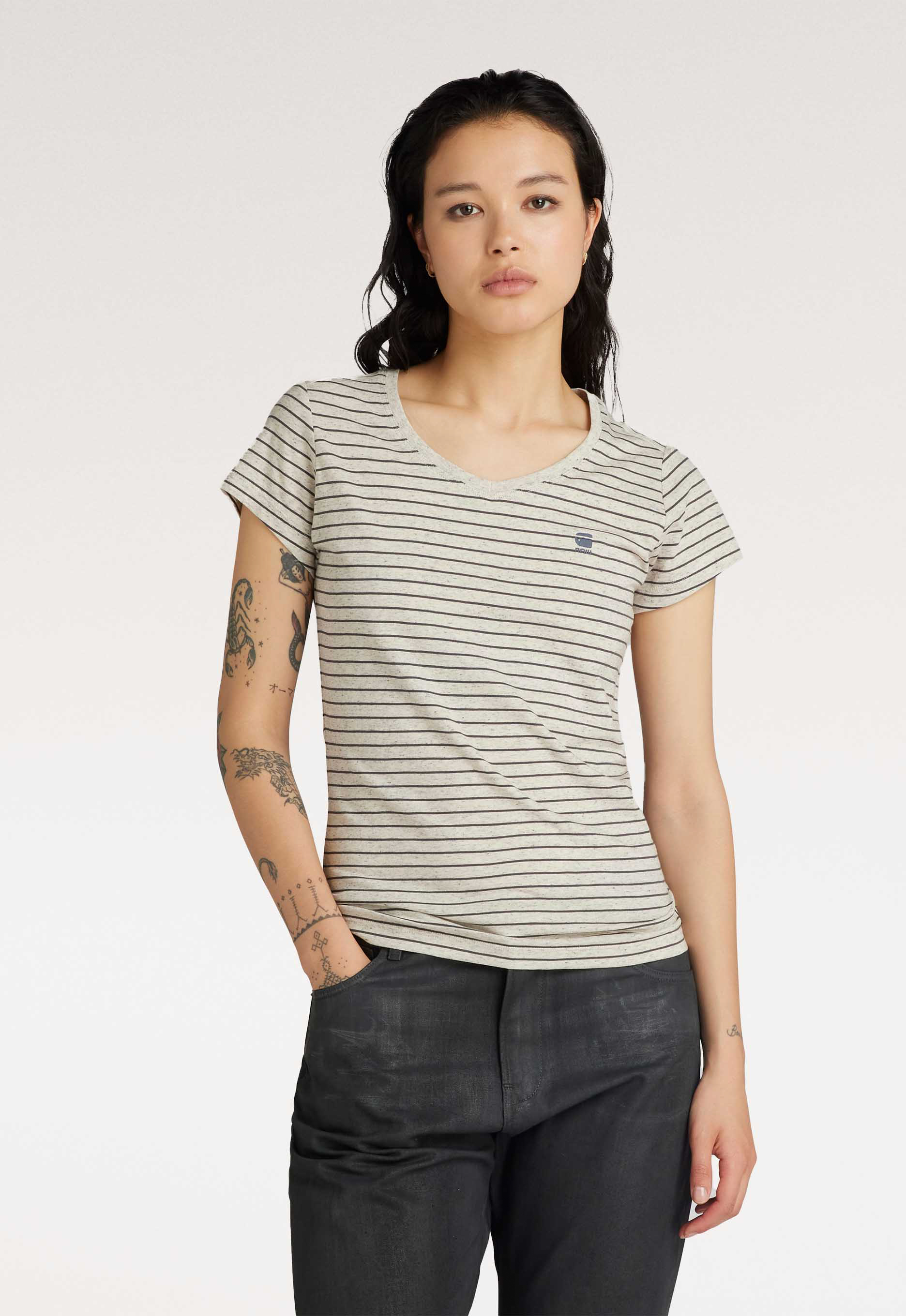 G-Star RAW gestreept T-shirt Eyben van biologisch katoen ecru grijs