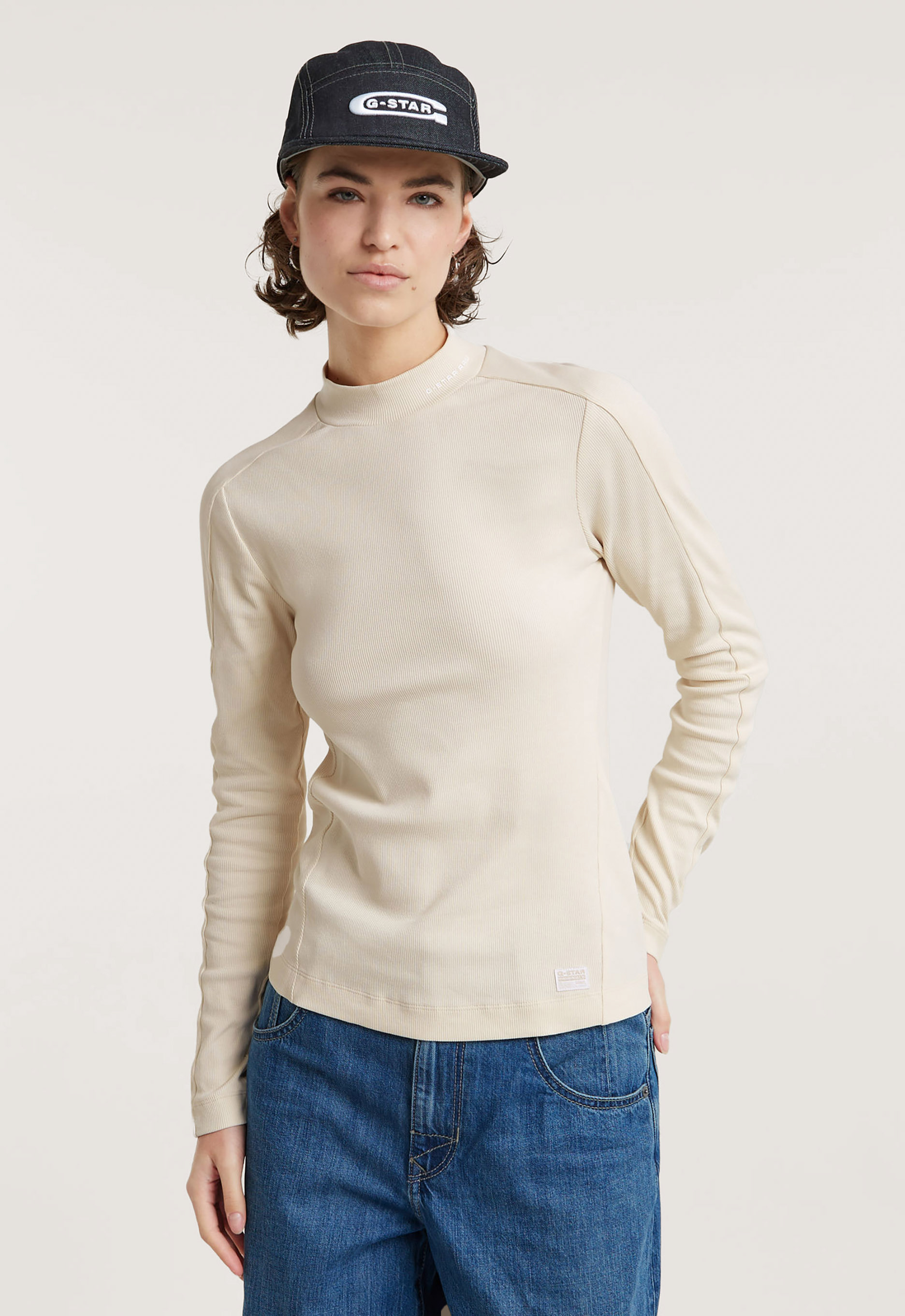 G-Star RAW Longsleeve Rib Mock Top met merkenopdruk op de kraag