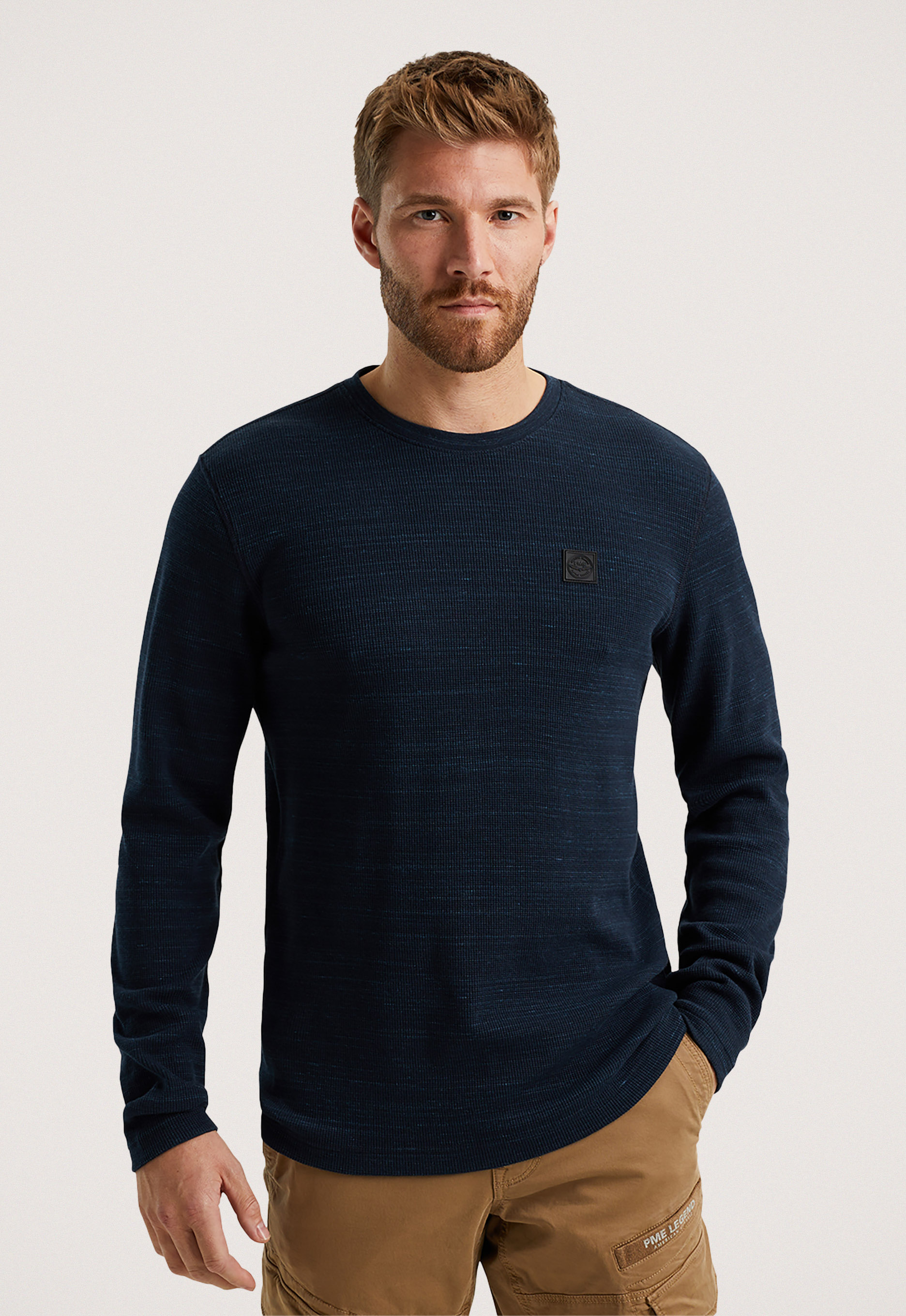 PME Legend Lange Mouw R-Hals Wafel Melange Shirt Blue Heren