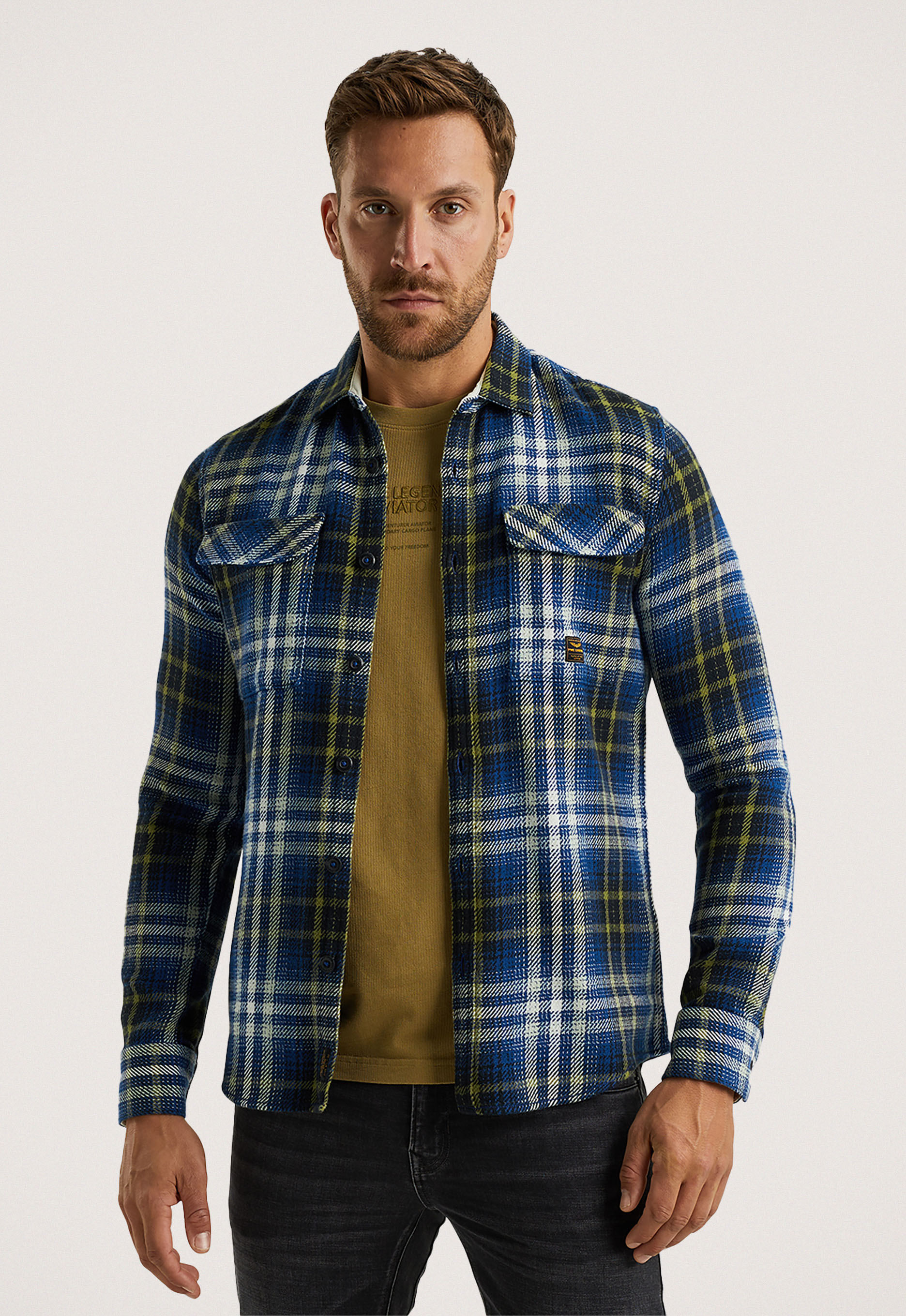 PME Legend Zware Twill Geruite Overhemd Lange Mouw Blue Heren