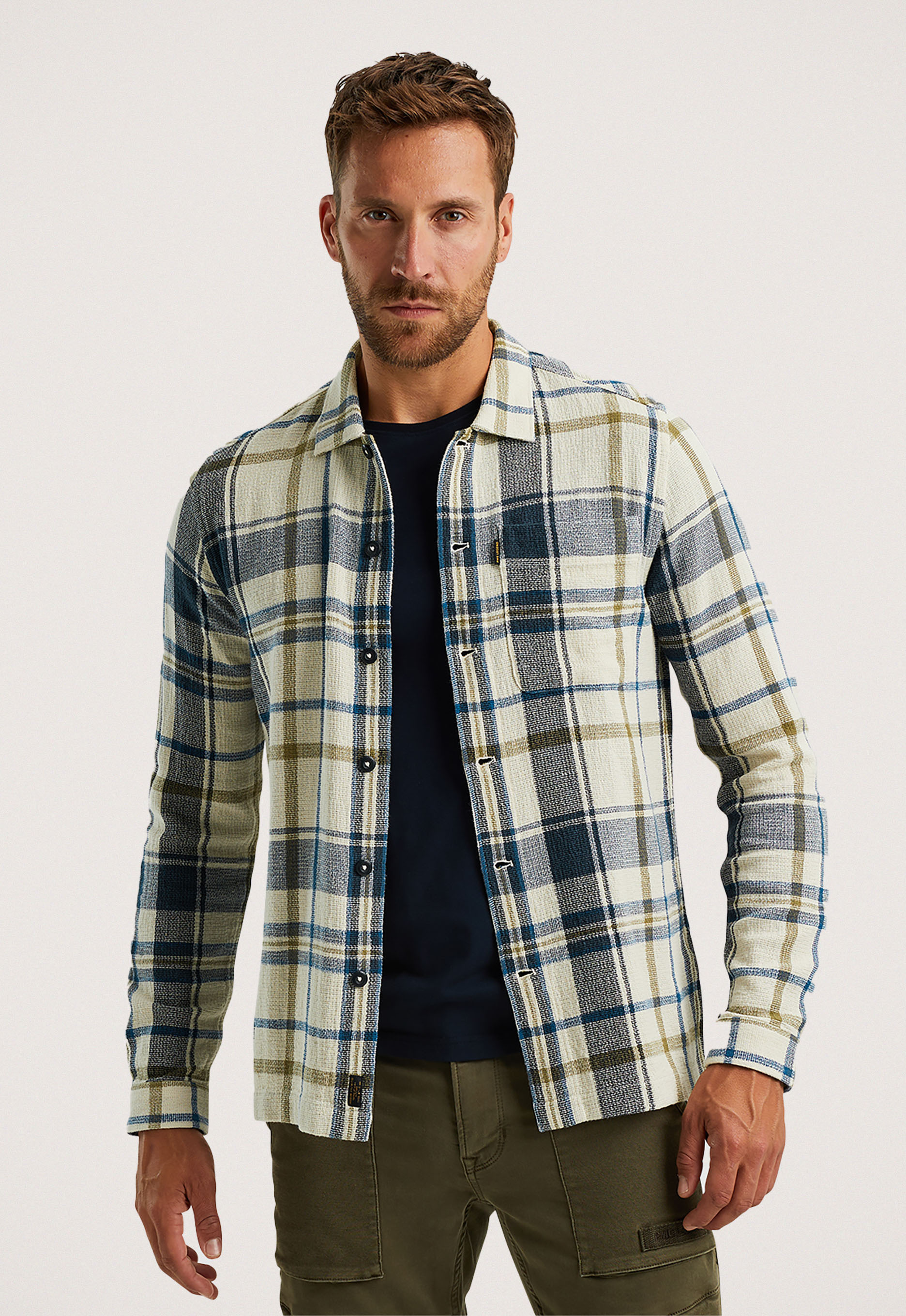 PME Legend Geruite Lange Mouw Shirt Matt Weefsel Beige Heren