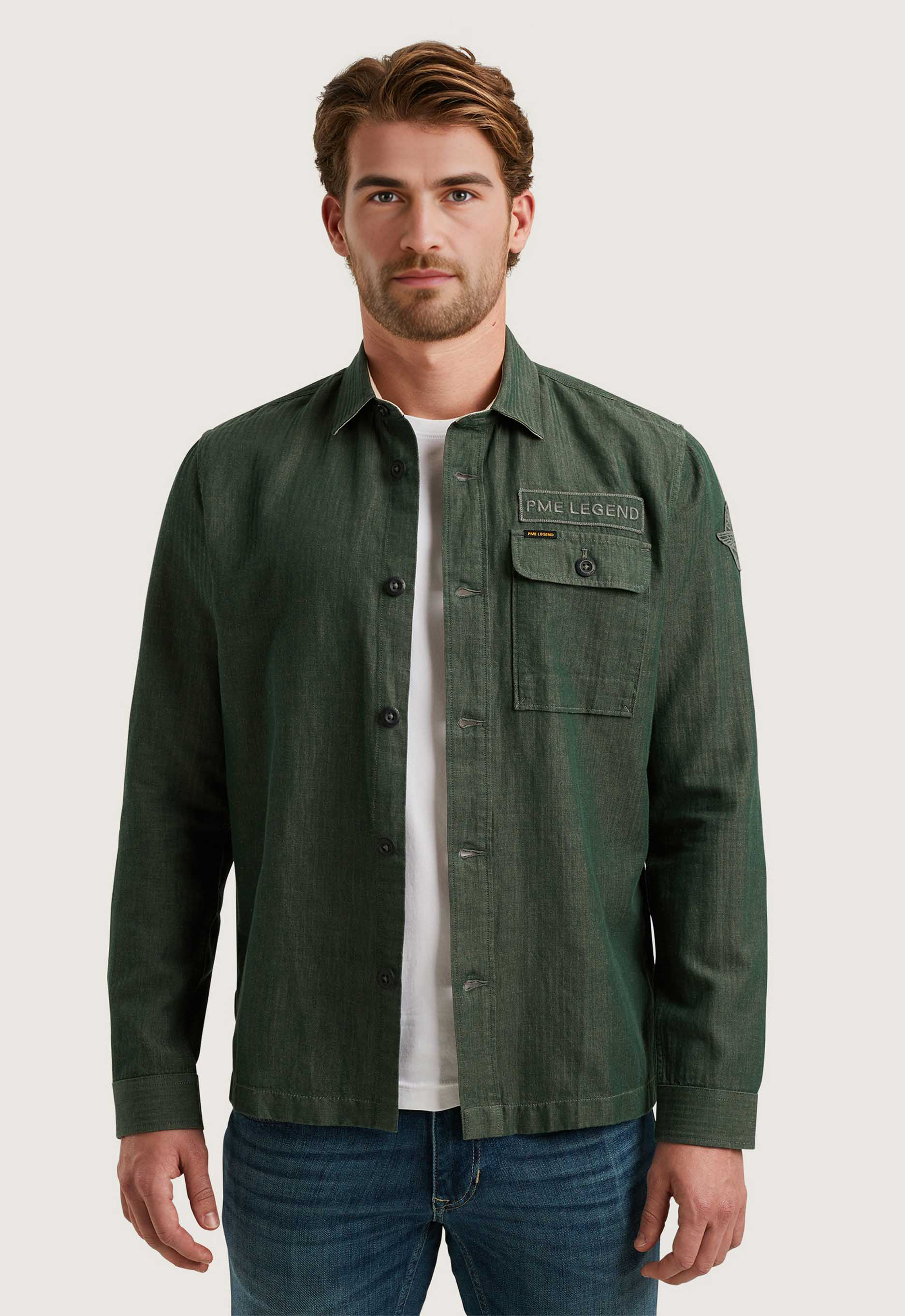 PME Legend Lange mouw shirt katoen linnen Green Heren