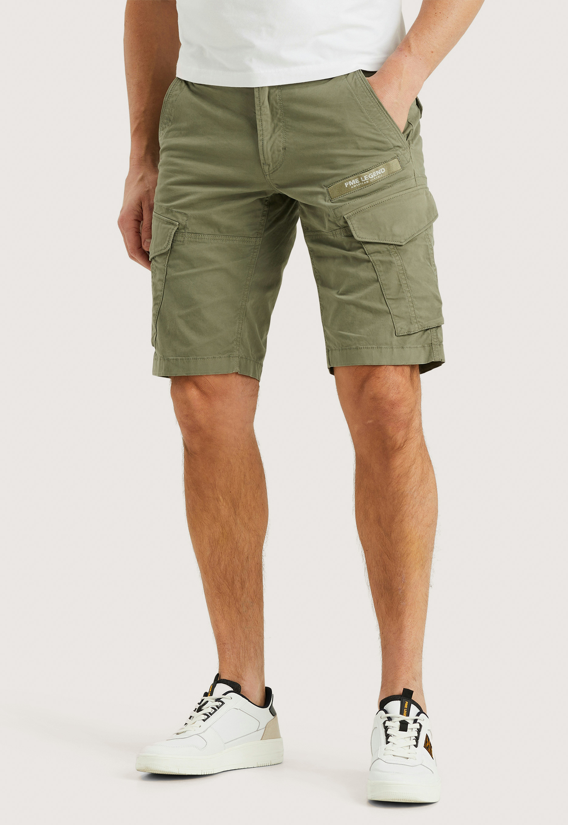 PME Legend Slim fit korte cargobroek met labelprint model 'NORDROP'